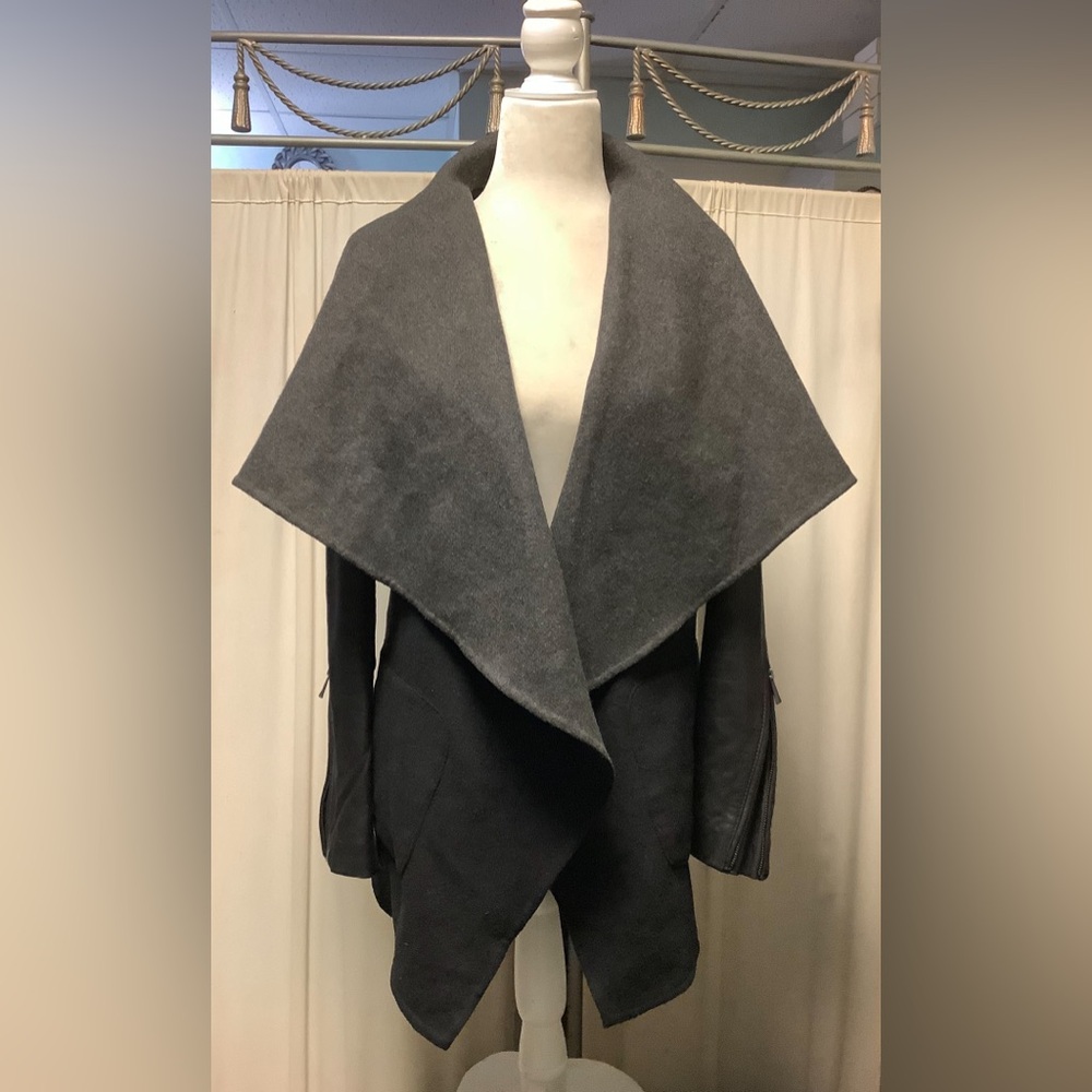 Bcbg MaxAzria Fiona Wool Blend Leather Sleeve Draped Jacket Coatigan